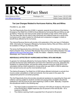 Tax Law Changes Related to Hurricanes Katrina, Rita and Wilma