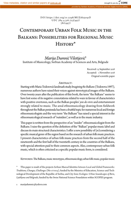 Contemporary Urban Folk Music in the Balkans: Possibilities for Regional Music History*