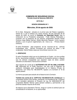 COMISIÓN DE SEGURIDAD SOCIAL Miércoles, 26 De Agosto De 2009