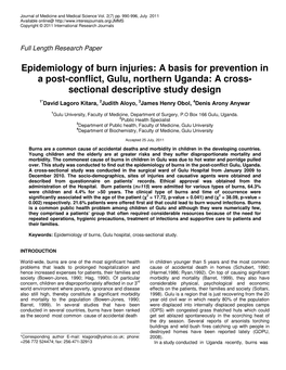 Epidemiology of Burn Injuries: a Basis for Prevention in a Post-Conflict, Gulu, Northern Uganda: a Cross- Sectional Descriptive Study Design