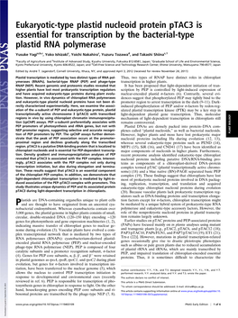 Eukaryotic-Type Plastid Nucleoid Protein Ptac3 Is Essential for Transcription by the Bacterial-Type Plastid RNA Polymerase