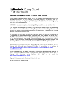 Proposal to Close King George VI School, Great Bircham