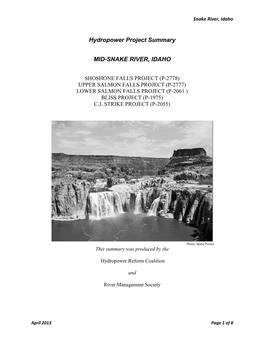 Hydropower Project Summary MID-SNAKE RIVER, IDAHO