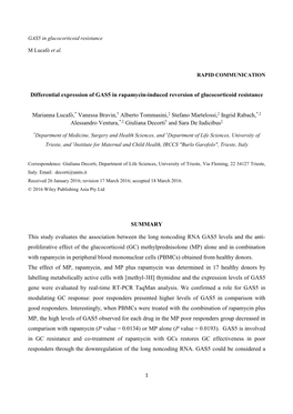 Differential Expression of GAS5 in Rapamycin-Induced Reversion of Glucocorticoid Resistance