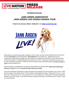 Jann Arden Announces Jann Arden Live Cross-Canada Tour