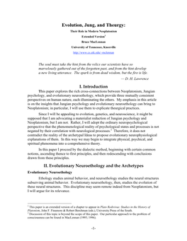 Evolution, Jung, and Theurgy: Their Role in Modern Neoplatonism Extended Version1 Bruce Maclennan University of Tennessee, Knoxville