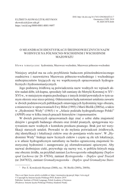 O MEANDRACH IDENTYFIKACJI ŚREDNIOWIECZNYCH NAZW WODNYCH NA PÓŁNOCNO-WSCHODNIM I WSCHODNIM MAZOWSZU Niniejszy Artykuł Ma Na C