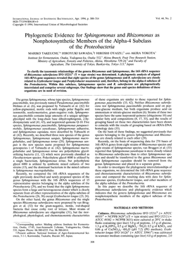 Phylogenetic Evidence for Sphingomonas and Rhizomonas As Nonphotosynthetic Members of the Alpha-4 Subclass of the Proteobacteria