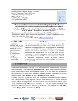 Phenotypic and Genotypic Characterization of the Pathogenic Pseudomonas Aeruginosa Isolated from Cultured Pangasianodon Hypophthalmus in Egypt