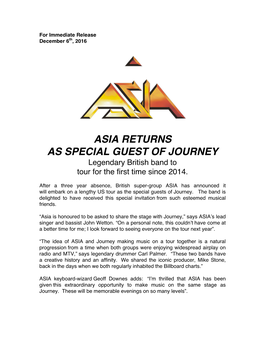 ASIA RETURNS AS SPECIAL GUEST of JOURNEY Legendary British Band to Tour for the First Time Since 2014