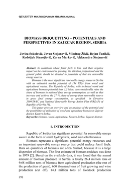 Biomass Briquetting – Potentials and Perspectives in Zajecar Region, Serbia