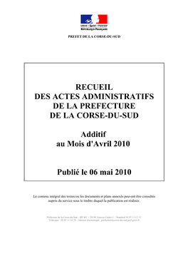 Recueil Des Actes Administratifs De La Prefecture De La Corse-Du-Sud