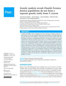 Genetic Analysis Reveals Finnish Formica Fennica Populations Do Not Form a Separate Genetic Entity from F