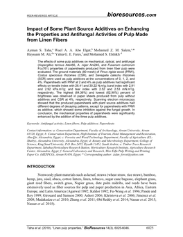 Impact of Some Plant Source Additives on Enhancing the Properties and Antifungal Activities of Pulp Made from Linen Fibers