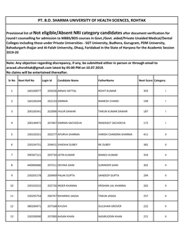 Provisional List of Not Eligible/Absent NRI Category Candidates After Document Verification for Round I Counselling for Admission to MBBS/BDS Courses in Govt./Govt