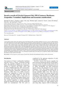 Invasive Records of Eriocheir Hepuensis Dai, 1991 (Crustacea: Brachyura: Grapsoidea: Varunidae): Implications and Taxonomic Considerations