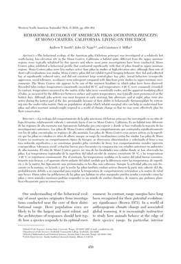 Behavioral Ecology of American Pikas (Ochotona Princeps) at Mono Craters, California: Living on the Edge