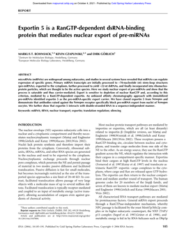 Exportin 5 Is a Rangtp-Dependent Dsrna-Binding Protein That Mediates Nuclear Export of Pre-Mirnas