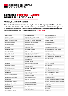 Liste Des Comptes Inactifs Depuis Plus De 10 Ans