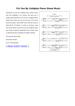 Fix You by Coldplay Piano Sheet Music