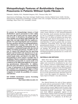 Histopathologic Features of Burkholderia Cepacia Pneumonia in Patients Without Cystic Fibrosis