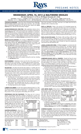 WEDNESDAY, APRIL 16, 2014 at BALTIMORE ORIOLES RH Jake Odorizzi (1-1, 5.73) Vs