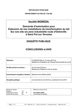 Société INGREDIA Demande D'autorisation Pour Extension De Ses Installations De Transformation Du Lait Sur Son Site Sis Zone In