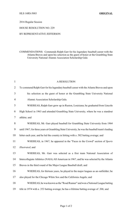 HLS 16RS-5003 ORIGINAL 2016 Regular Session HOUSE RESOLUTION NO. 229 by REPRESENTATIVE JEFFERSON COMMENDATIONS