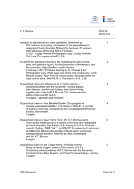 K. T. Borrow PRG 32 Series List Invitation to Agricultural and Other Capitalists. Statement by 1 R.D. Hanson Advocating Coloni