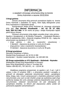 INFORMACJA O Zasadach Zimowego Utrzymania Dróg Na Terenie Gminy Koźminek W Sezonie 2015/2016