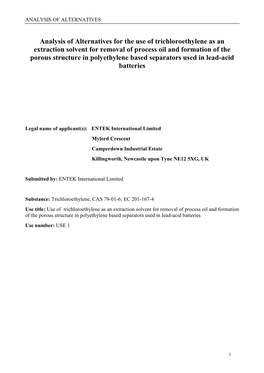 Analysis of Alternatives for the Use of Trichloroethylene As an Extraction