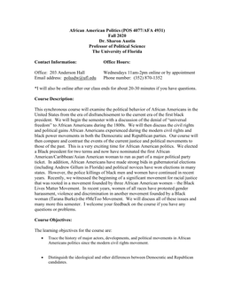 (POS 4077/AFA 4931) Fall 2020 Dr. Sharon Austin Professor of Political Science the University of Florida