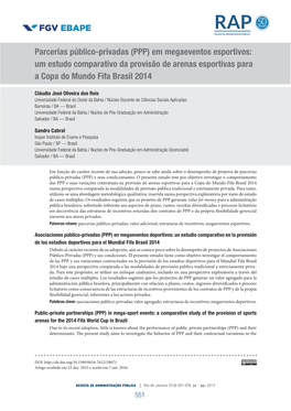 Parcerias Público-Privadas (PPP) Em Megaeventos Esportivos: Um Estudo Comparativo Da Provisão De Arenas Esportivas Para a Copa Do Mundo Fifa Brasil 2014