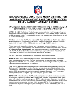 Nfl Completes Long-Term Media Distribution Agreements Providing Fans Greater Access to Nfl Games Than Ever Before