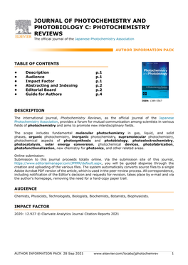 JOURNAL of PHOTOCHEMISTRY and PHOTOBIOLOGY C: PHOTOCHEMISTRY REVIEWS the Official Journal of the Japanese Photochemistry Association