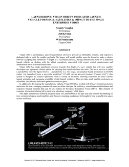 Launcherone: Virgin Orbit's Dedicated Launch Vehicle for Small Satellites & Impact to the Space Enterprise Vision