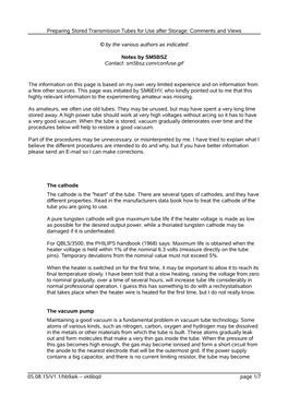 Preparing Stored Transmission Tubes for Use After Storage: Comments and Views © by the Various Authors As Indicated Notes by SM