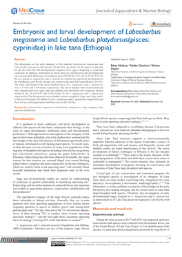 Embryonic and Larval Development of Labeobarbus Megastoma and Labeobarbus Platydorsus(Pisces: Cyprinidae) in Lake Tana (Ethiopia)