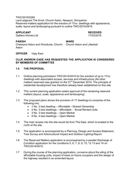 TWC/2016/0260 Land Adjacent the Knoll, Church Aston, Newport, Shropshire Reserved Matters Application for the Erection of 17No