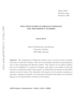 Spin Structures on Riemann Surfaces and the Perfect Numbers