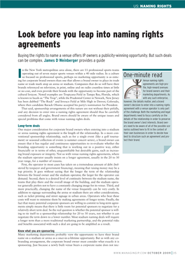 Look Before You Leap Into Naming Rights Agreements Buying the Rights to Name a Venue Offers IP Owners a Publicity-Winning Opportunity