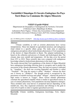 Variabilité Climatique Et Savoirs Endogènes En Pays Torri Dans La Commune De Akpro-Misserete