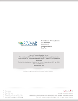 Cephalopoda: Argonautidae) by the Common Black Hawk Buteogallus Anthracinus (Accipitriformes: Accipitridae) Revista Ciencias Marinas Y Costeras, Vol