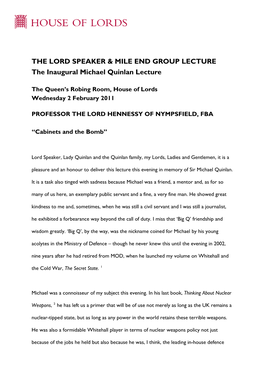 THE LORD SPEAKER & MILE END GROUP LECTURE the Inaugural