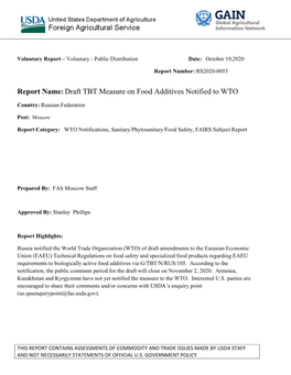 Report Name:Draft TBT Measure on Food Additives Notified To