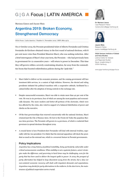 Argentina 2019: Broken Economy, Mariana.Llanos@Giga-Hamburg.De Strengthened Democracy