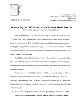 Announcing the 2012 Great Lakes Chamber Music Festival White Nights: a Musical Journey Through Russia