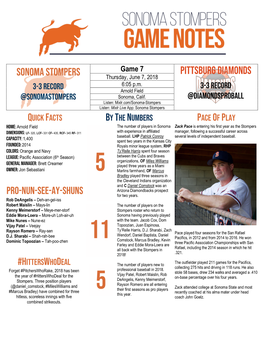 SONOMA STOMPERS PITTSBURG DIAMONDS Pitchers Pitchers # Player B/T Ht Wt HOMETOWN # Player B/T Ht Wt HOMETOWN 38 Patrick Conroy L/L 6-4 250 San Rafael, Calif