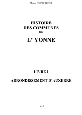 Histoire Des Communes De L'yonne