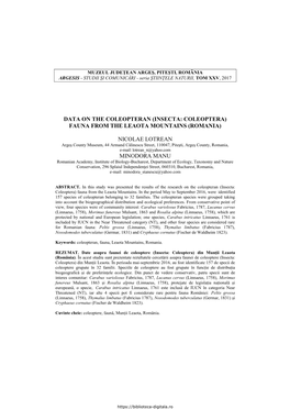 Data on the Coleopteran (Insecta: Coleoptera) Fauna from the Leaota Mountains (Romania)